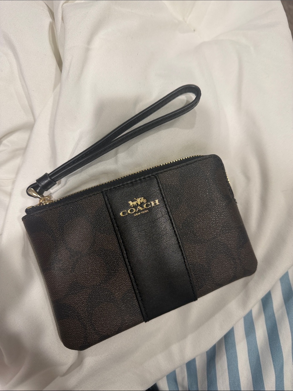 Coach Brown and Black Signature Wristlet with Gold Logo